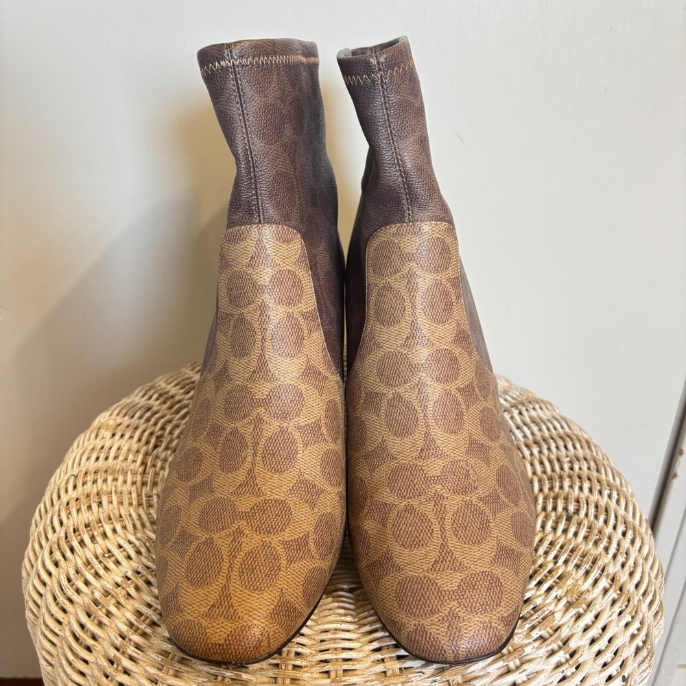 Coach Margot Signature Canvas Block Heel Ankle Sock Boots Brown Tan Womens 11B - Picture 3 of 8